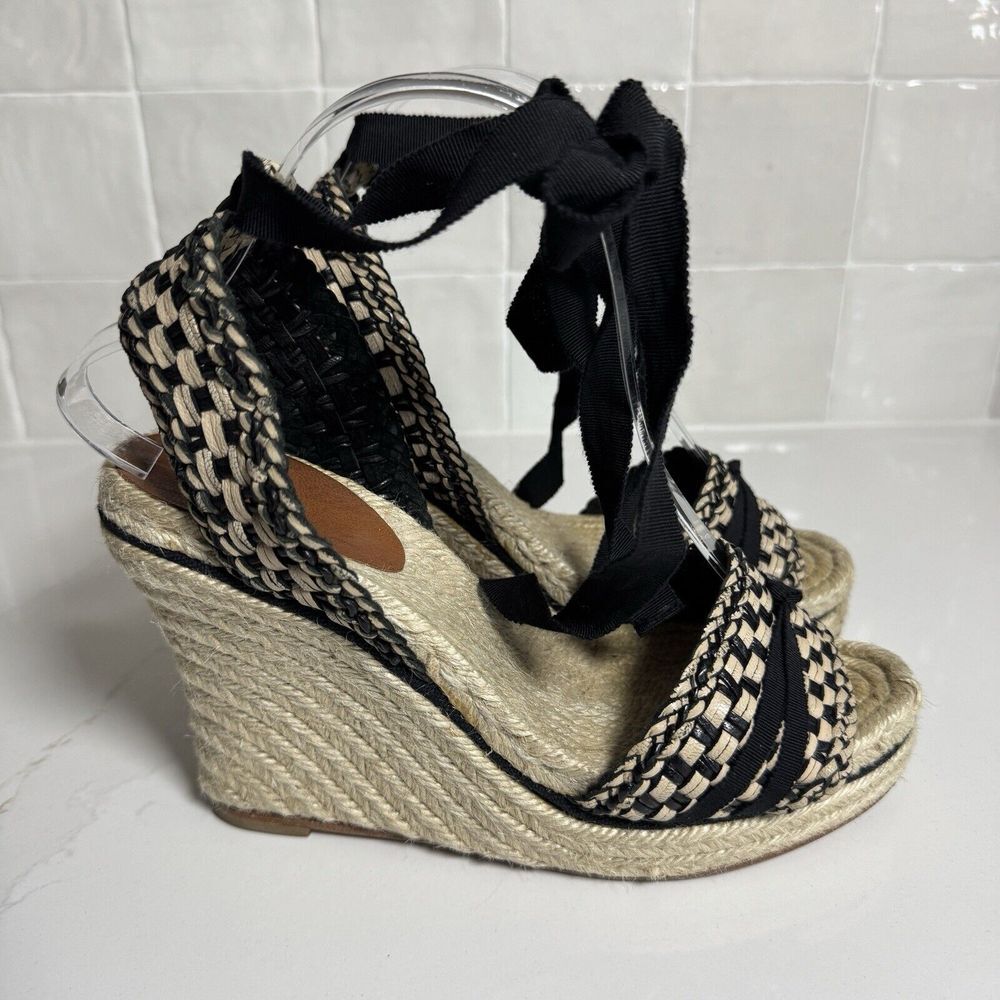 Kate Spade Espadrille Wedges Heel Sandal Women's 9 Black Tan Woven Ankle Ribbon